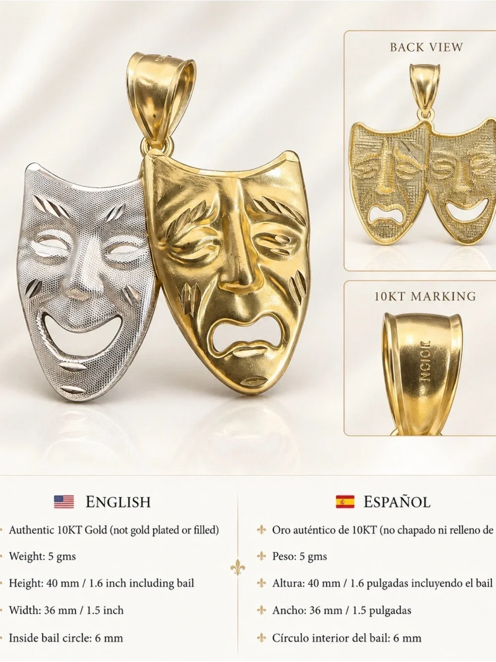 10KT Gold Theater Mask Pendant - Two-Tone Comedy & Tragedy